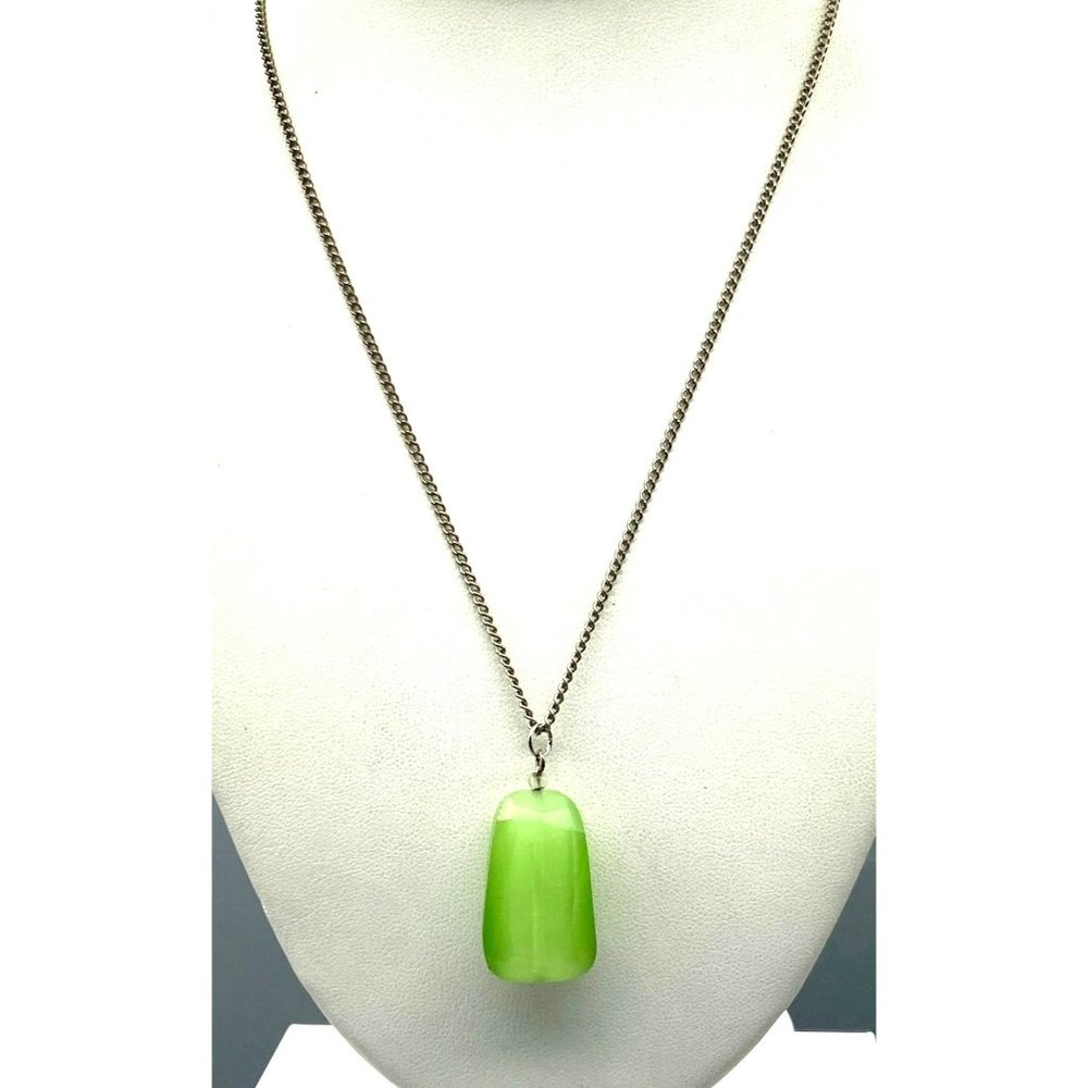 Chunky Green Cats Eye Pendant, Vintage Necklace on Silver Tone Chain